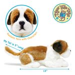 A plush brown and white dog positioned laying down with directional arrows indicating the toy is 13 inches long and a detail circle highlighting the realistic face.