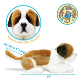 A plush brown and white dog positioned laying down with directional arrows indicating the toy is 13 inches long and a detail circle highlighting the realistic face.