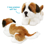 A brown and white plush dog positioned in two angles and popup text that reads, "I have premium soft fur!".