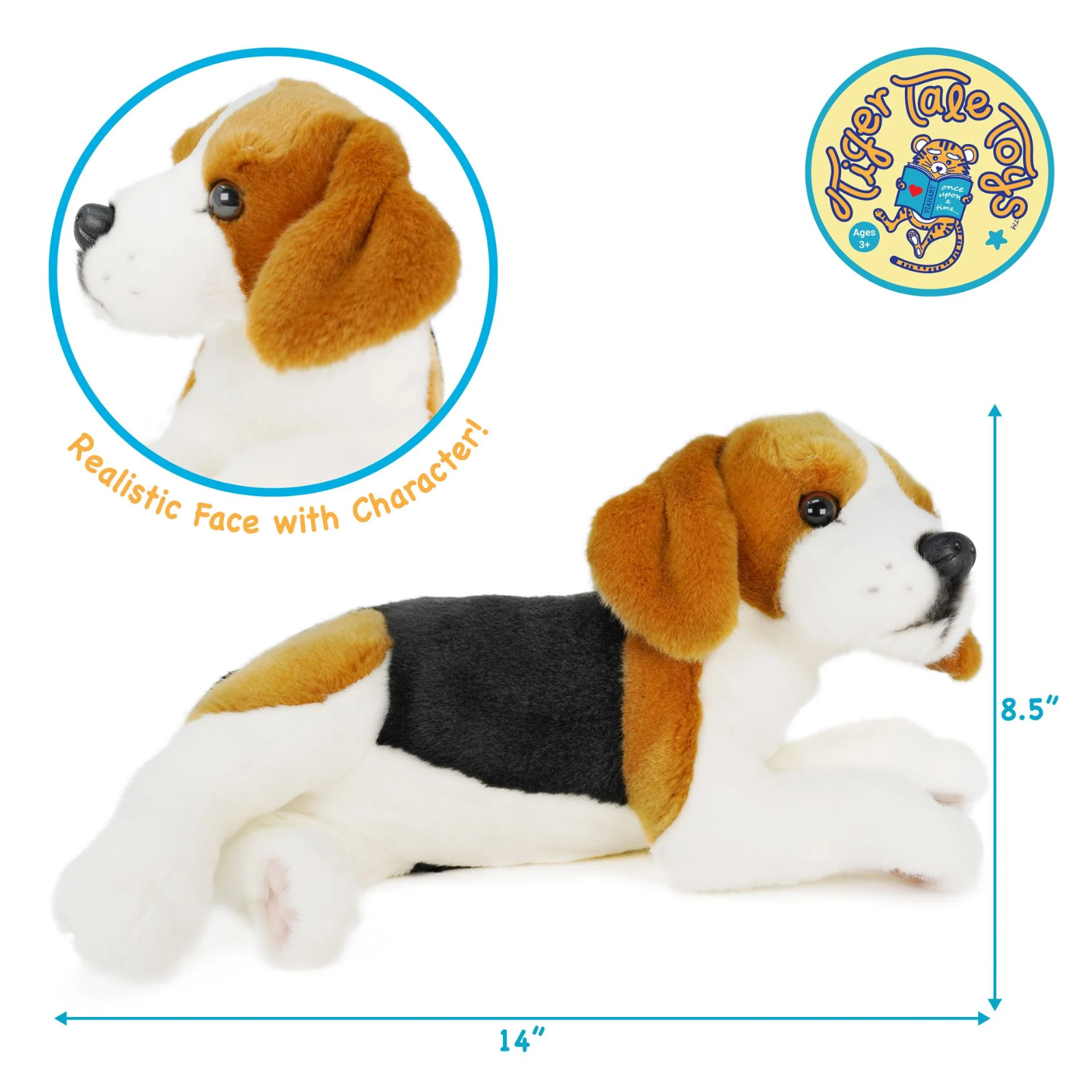 A plush beagle toy dog shown on a white background with dimension arrows indicating 14 inches long and 8.5 inches high.