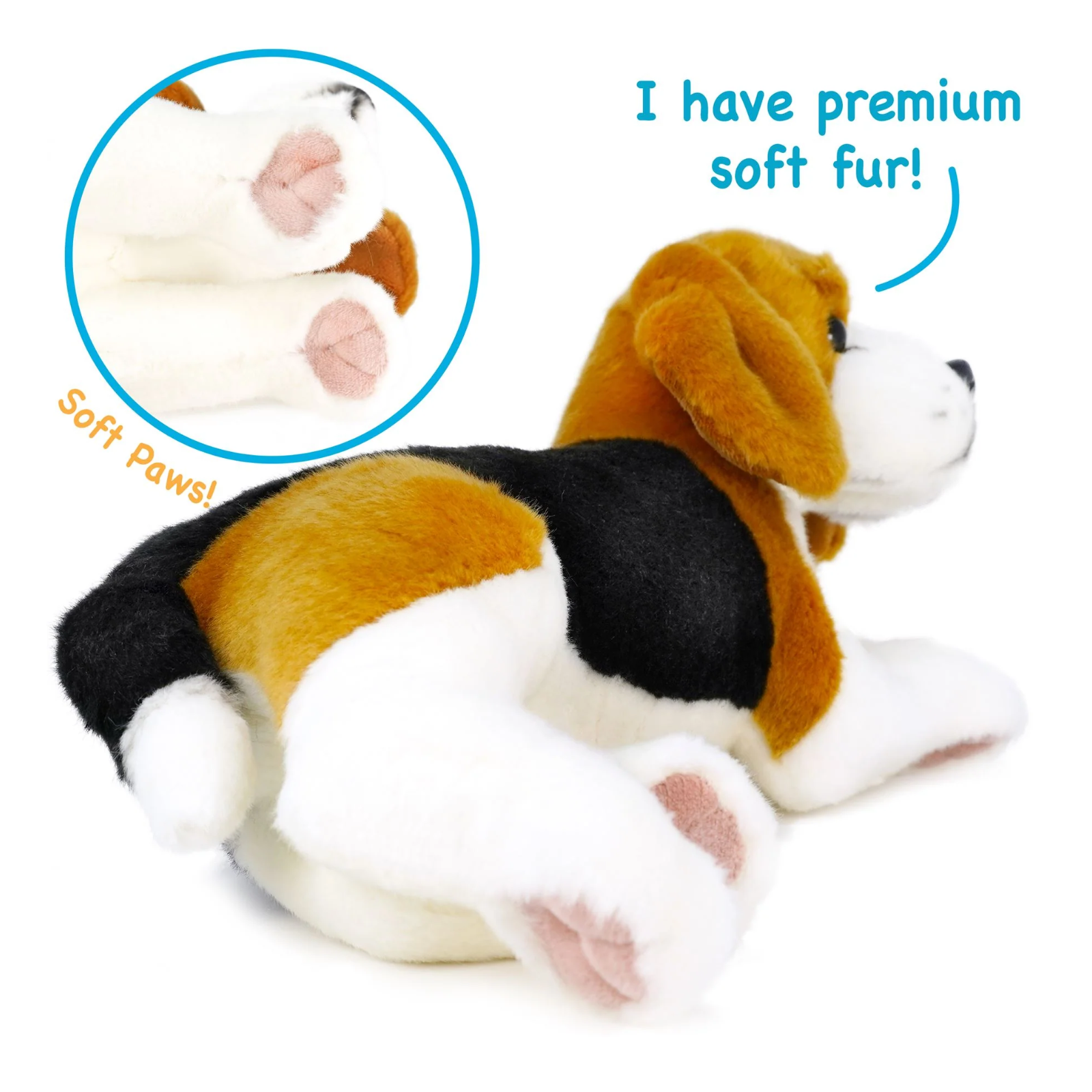 A plush beagle toy shown at an angle with popup text indicating the soft fur and paws.