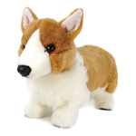 A plush toy dog shaped like a Pembroke Welsh Corgi, featuring brown and white faux fur, pink inner ears, and black eyes and nose, set against a plain white background.