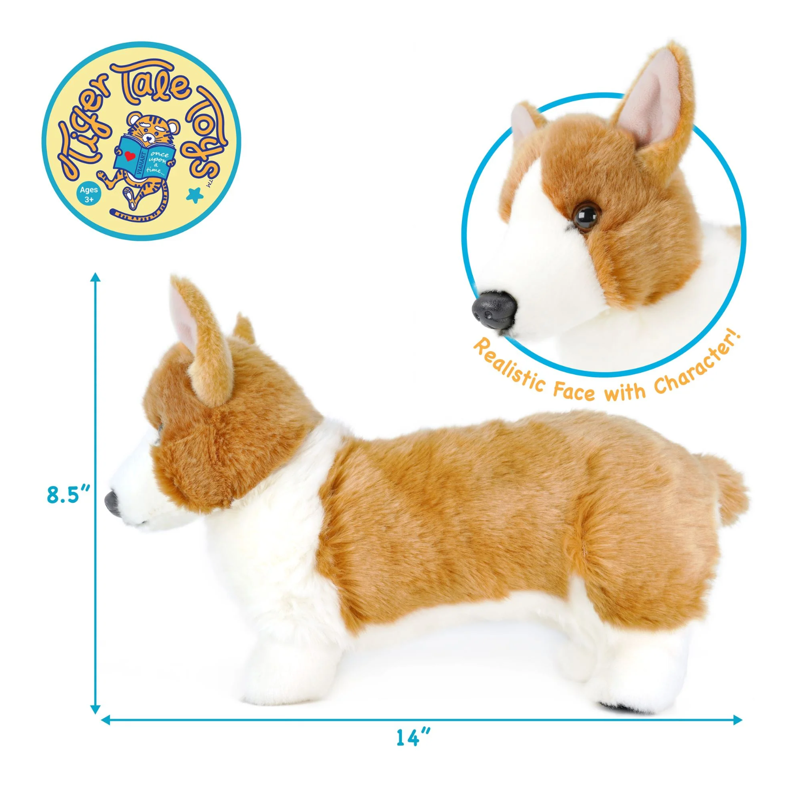 Corgi-shaped plush toy shown in side profile on a white background, with blue dimension arrows indicating 14 inches wide and 8.5 inches tall.
