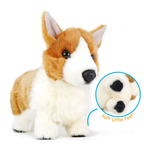 A plush Corgi and a detail circle highlighting the soft little feet.
