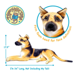 A plush dog toy shown on a white background with measurement arrows and text indicating its length of 34 inches and height of 17.5 inches.