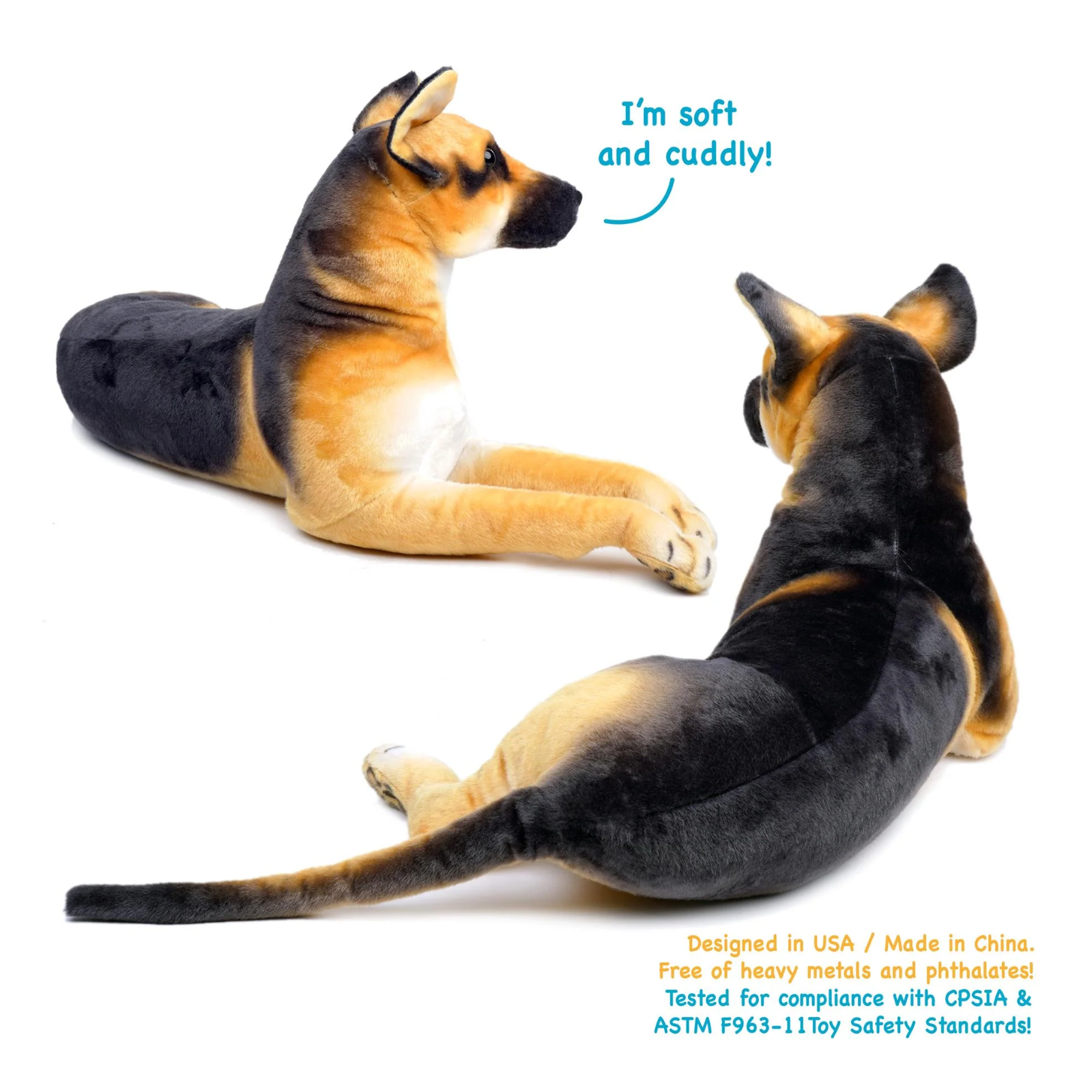 Two plush German Shepherd dog toys shown on a white background, one facing left and one facing right, with blue text reading 'I'm soft and cuddly!' and additional safety text in the lower right.