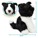 Black and white plush dog toy shown from the back with dimension arrows indicating 10.5 inches wide and 10 inches tall, plus a circular inset of the realistic dog face with the text 'Realistic Face with Character!'.