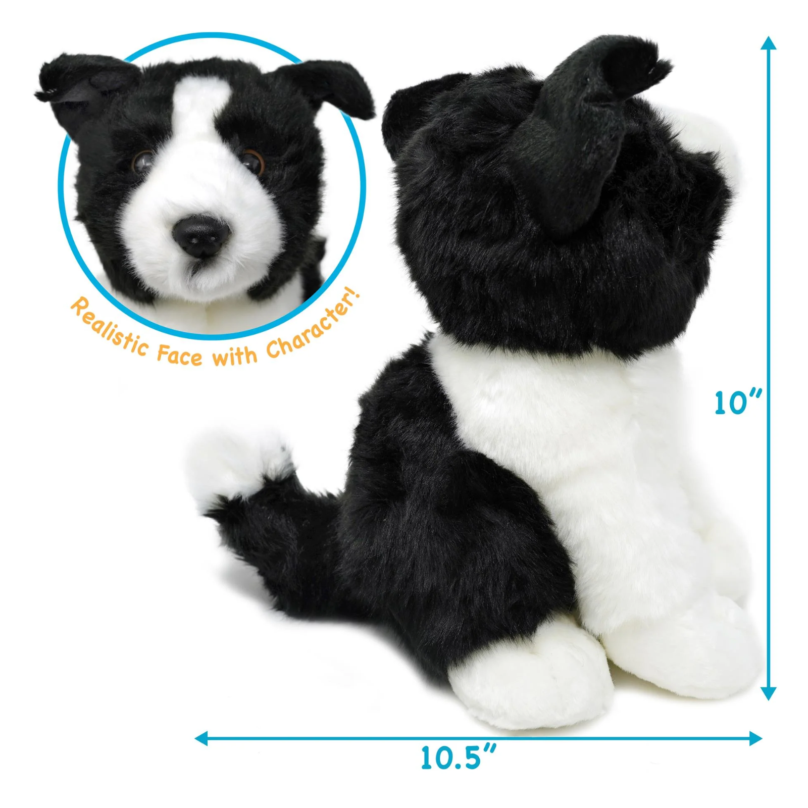 Black and white plush dog toy shown from the back with dimension arrows indicating 10.5 inches wide and 10 inches tall, plus a circular inset of the realistic dog face with the text 'Realistic Face with Character!'.