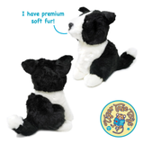 Two black and white plush dog toys shown on a white background, one from the front and one from the back, with a blue speech bubble reading 'I have premium soft fur!' and a circular 'Tiger Tale Toys' logo in the bottom right.