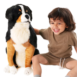 A smiling young child in a brown knit outfit sits beside a large Bernese mountain dog plush toy on a clean white background.