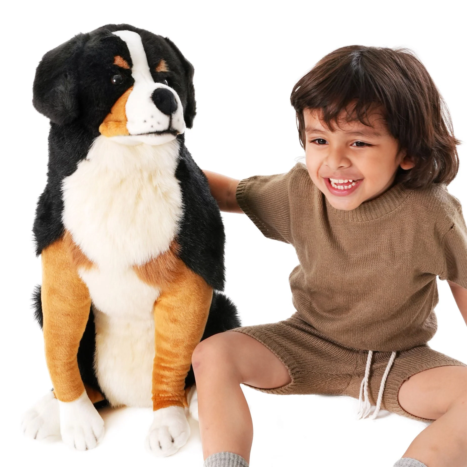 A smiling young child in a brown knit outfit sits beside a large Bernese mountain dog plush toy on a clean white background.
