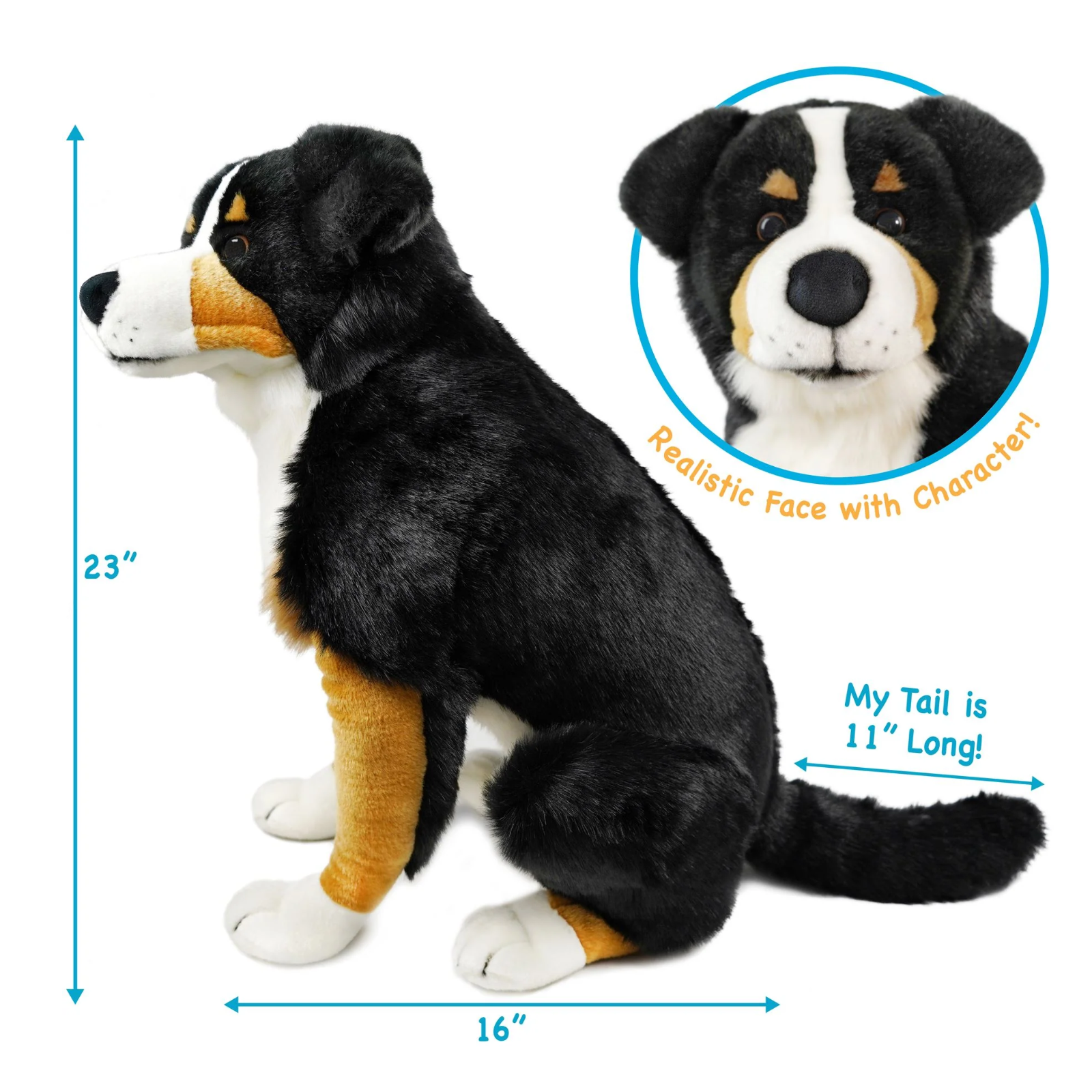 A black, white, and tan plush dog toy shown on a white background with measurement arrows and text indicating dimensions: 23 inches tall, 16 inches wide, and a tail that is 11 inches long. A circular inset shows the dog's face with the text 'Realistic Face with Character!'.