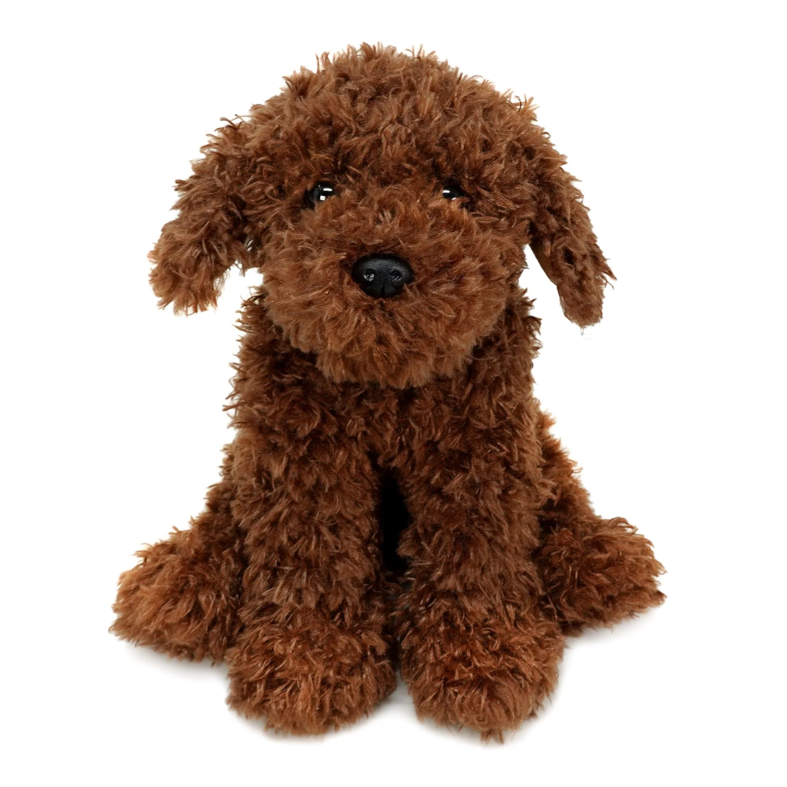 A brown curly-haired plush dog toy sitting on a plain white background.