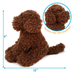 A brown curly-haired plush dog toy shown on a white background with blue dimension arrows indicating 9 inches tall by 12 inches wide, plus a circular inset close-up of the face with the text 'Realistic Face with Character!'.