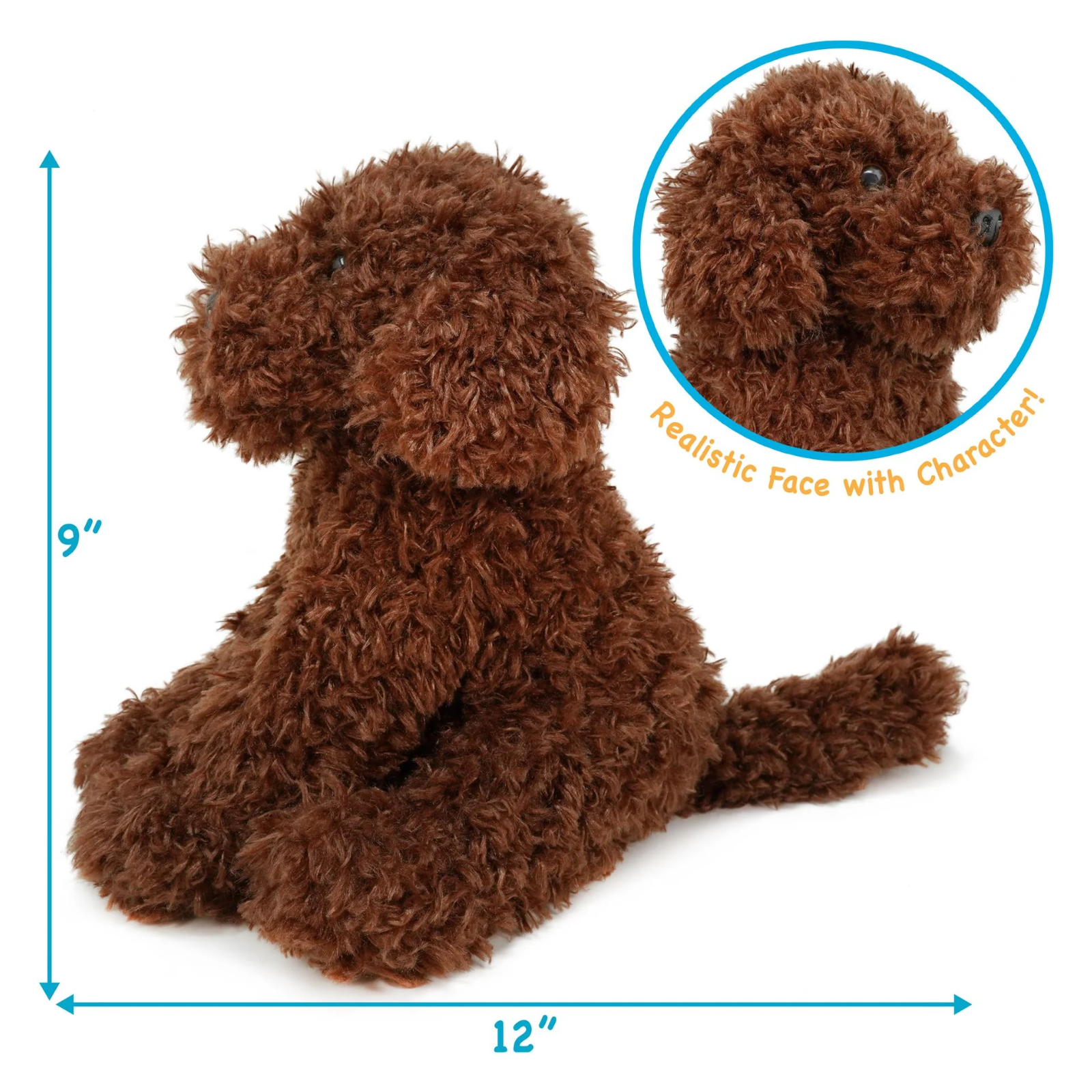 A brown curly-haired plush dog toy shown on a white background with blue dimension arrows indicating 9 inches tall by 12 inches wide, plus a circular inset close-up of the face with the text 'Realistic Face with Character!'.