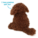 A brown curly fur plush dog toy sitting on a white background, with blue text in the top left reading 'I have premium soft fur!'.
