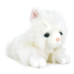 A white fluffy stuffed kitten toy with large dark eyes, pink inner ears, and a small pink nose, posed on a plain white background.