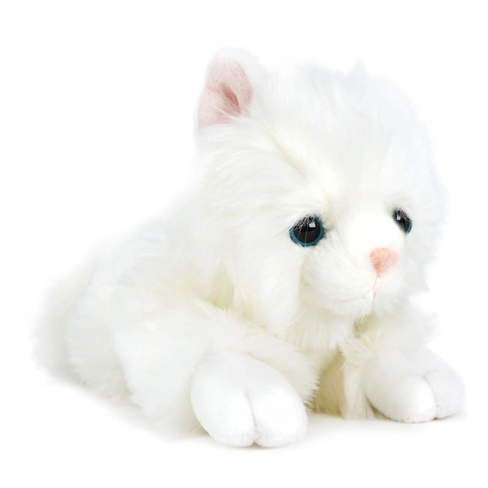 A white fluffy stuffed kitten toy with large dark eyes, pink inner ears, and a small pink nose, posed on a plain white background.