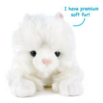 A white plush kitten toy with popup text highlighting the premium soft fur.