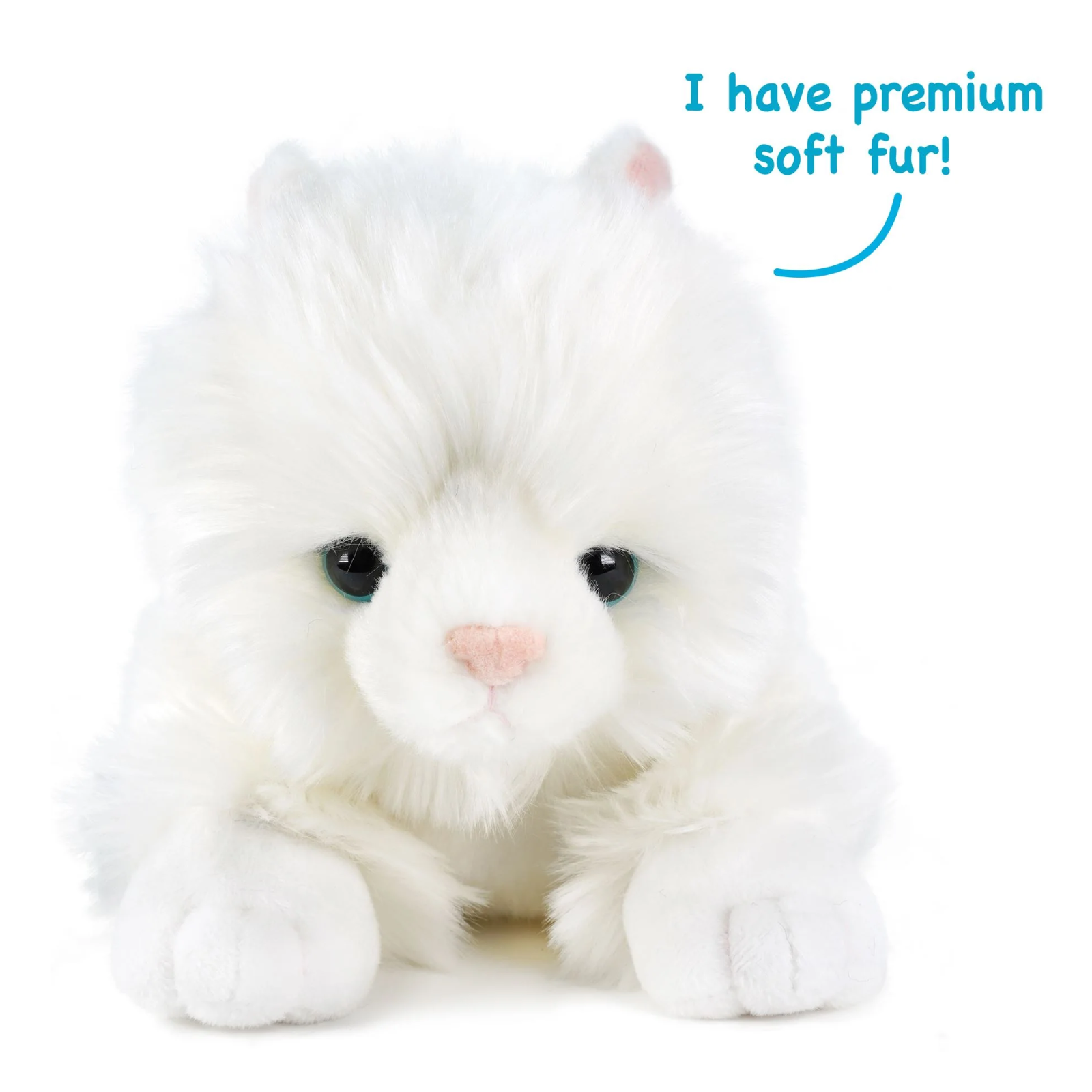 A white plush kitten toy with popup text highlighting the premium soft fur.