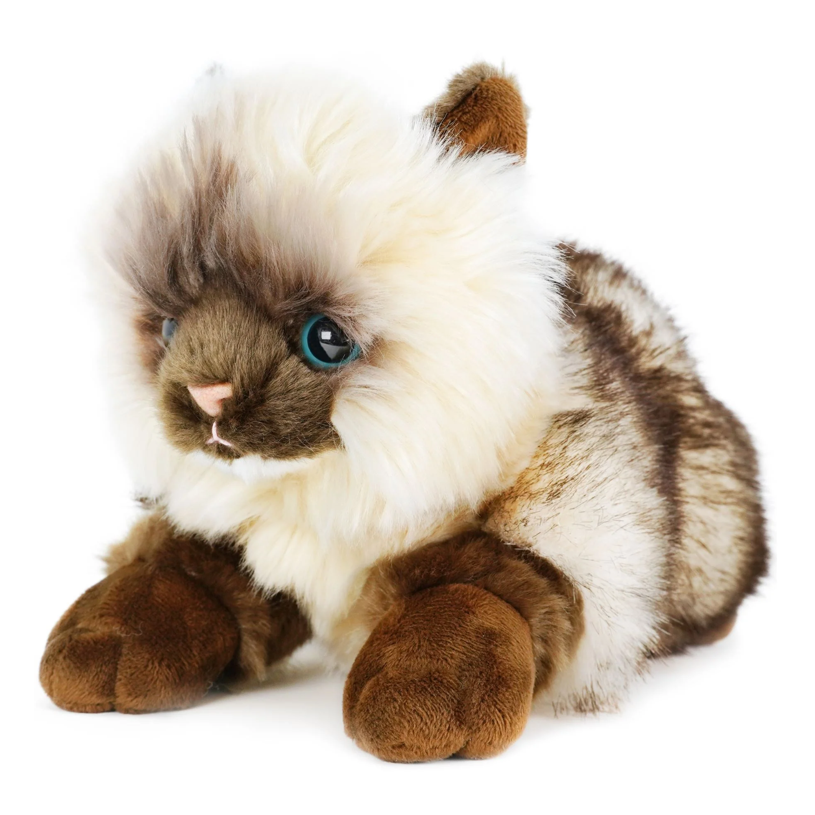 A plush kitten toy with a fluffy cream mane, brown face and paws, and blue eyes, posed on a white background.