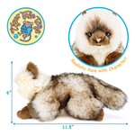 A fluffy plush brown and cream kitten toy positioned laying down, with directional arrows showing 6 inches tall and 11.5 inches long and a popup circle highlighting the realistic face.