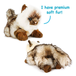 A plush cat toy shown from two angles on a white background, with blue text reading 'I have premium soft fur!'. The toy has fluffy white, brown, and gray fur with dark brown paws and tail tips.