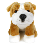 A plush bulldog toy with tan and white fur, black eyes, and a black nose, photographed against a plain white background.