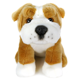 A plush bulldog toy with tan and white fur, black eyes, and a black nose, photographed against a plain white background.