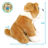 A brown and white plush puppy toy shown on a white background with blue dimension arrows and text indicating 7 inches wide, 8.5 inches tall, and a 2-inch tail length.