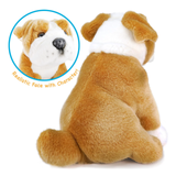 A brown and white plush dog toy shown from the back, with a circular inset close-up of its face and the text 'Realistic Face with Character!'.