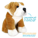 A brown and white plush dog toy with a black nose and eyes, sitting on a white background with promotional text overlays.