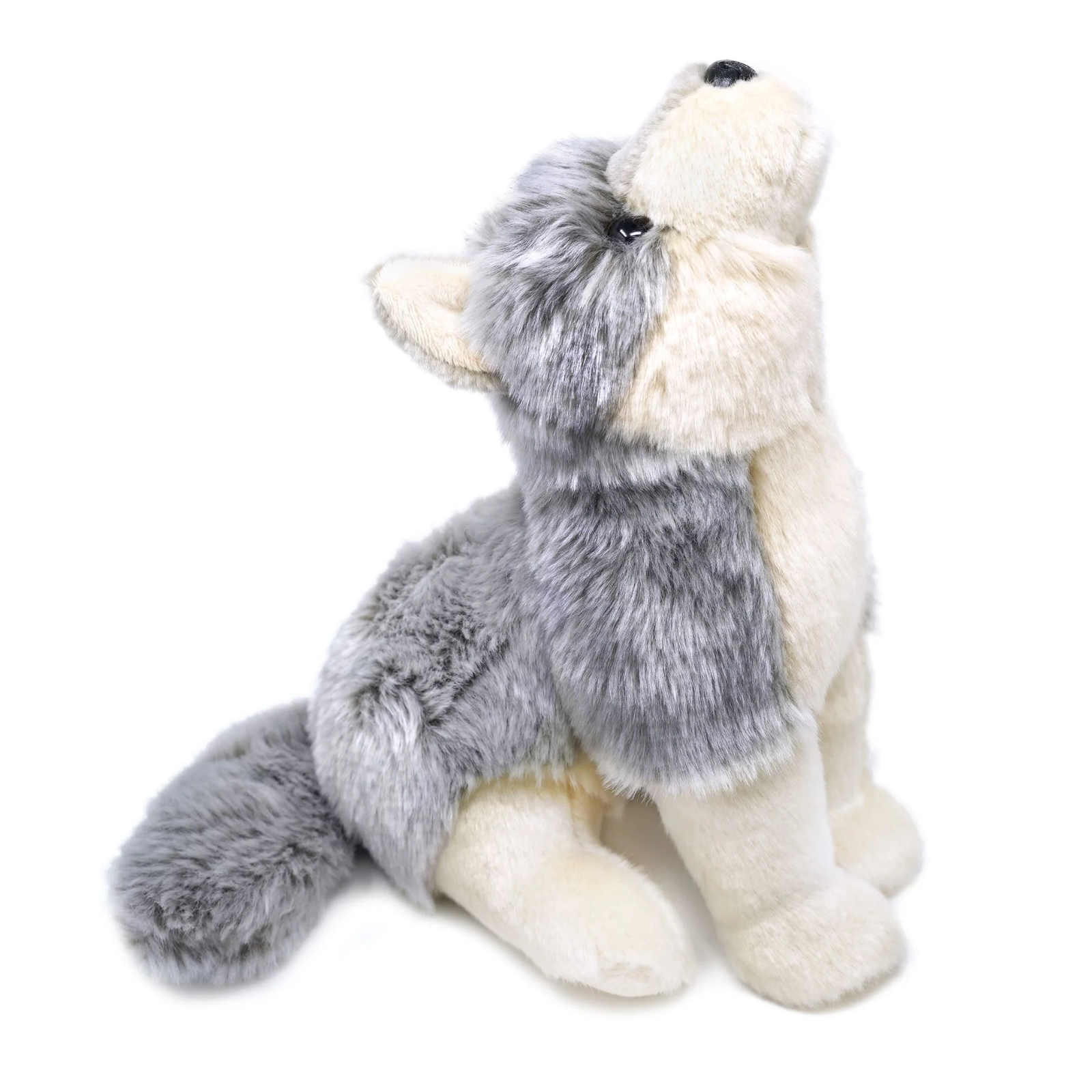 A plush stuffed animal shaped like a wolf or husky, sitting upright on a plain white background. The toy has gray and cream fur with black eyes and nose.