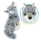 A plush wolf toy shown on a white background, with a circular inset close-up of its face and orange text reading 'Realistic Face with Character!'.