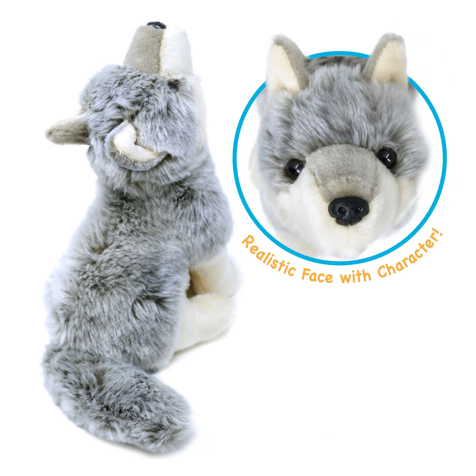 A plush wolf toy shown on a white background, with a circular inset close-up of its face and orange text reading 'Realistic Face with Character!'.