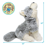 A plush wolf toy shown on a white background with blue dimension arrows indicating 12 inches wide and 10 inches tall. A circular Tiger Tale logo appears in the upper left.