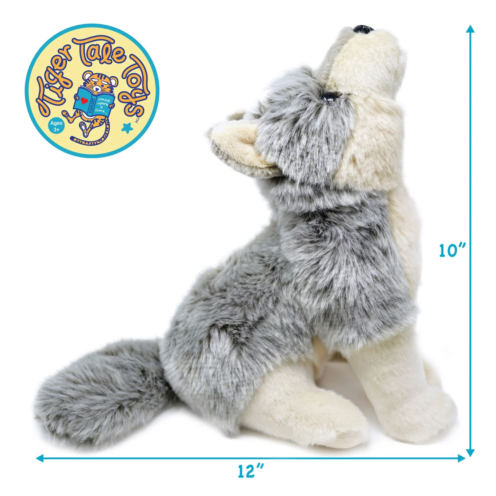 A plush wolf toy shown on a white background with blue dimension arrows indicating 12 inches wide and 10 inches tall. A circular Tiger Tale logo appears in the upper left.