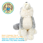 A plush stuffed animal wolf shown from the back on a white background, with a circular Tiger Tale logo in the top left and safety text in the bottom left.