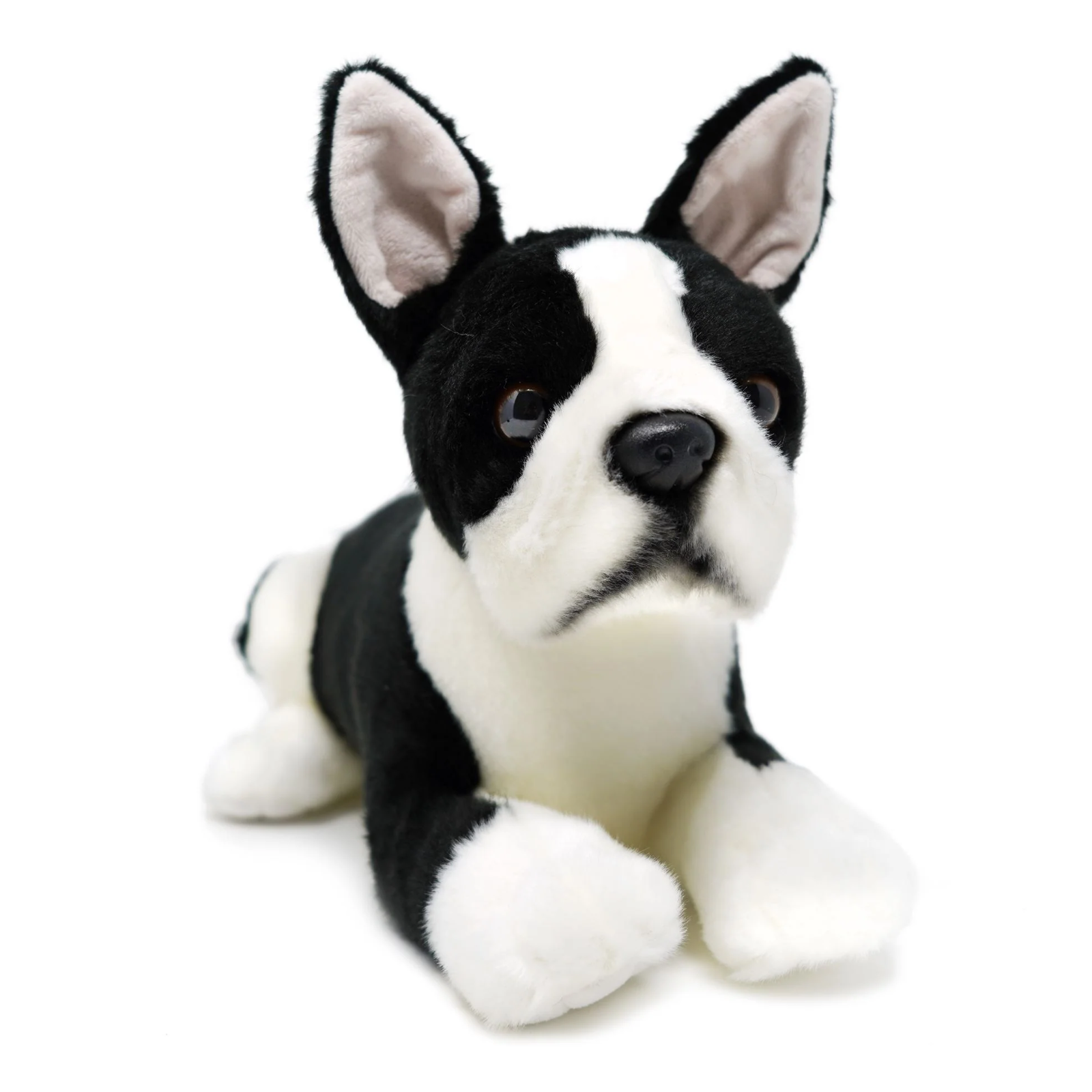 A black and white Boston Terrier plush toy dog lying down on a clean white background.