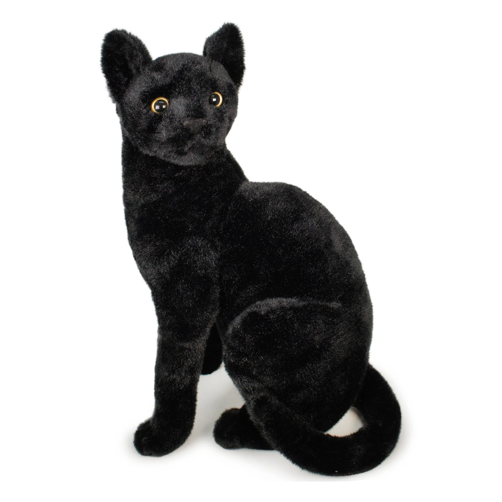 A black plush stuffed animal shaped like a sitting cat with yellow eyes, photographed on a plain white background.