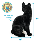 A black plush cat toy shown from the back on a white background, with blue dimension arrows indicating 13 inches tall and 9 inches wide. A circular 'Tiger Hart Toys' logo appears in the top left with the text 'I'm soft and cuddly!'.