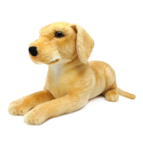 A plush puppy toy in a light golden-yellow color, lying down and facing to the left, photographed on a solid white background.