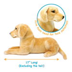 A plush puppy toy in light tan is shown on a white background with measurement text indicating 17 inches long, plus a circular inset showing the foam head construction.