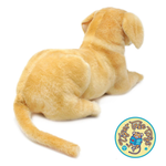 A golden yellow plush puppy toy shown from the back on a white background, with a circular 'Tiger Tale Toy' logo in the bottom right corner.