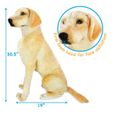 A yellow Labrador retriever plush toy shown seated on a white background with blue dimension arrows indicating 30.5 inches tall and 19 inches wide.
