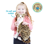 A smiling young girl in a pink shirt holds a realistic plush cat toy against a white background. Blue text says 'I'm soft and cuddly!' and a circular 'TigerHart Toys' logo appears in the top right.