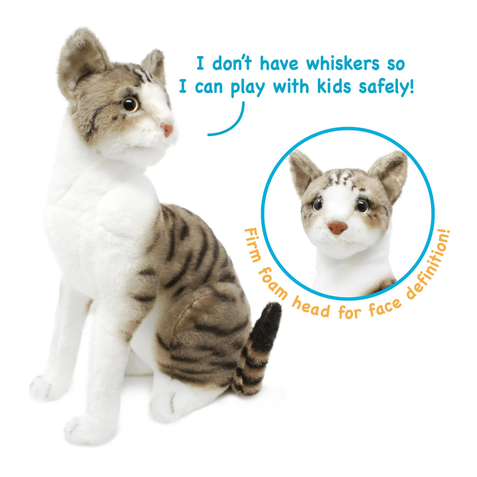 A plush toy cat with white and brown tabby coloring, shown on a white background with printed marketing text and a callout circle highlighting the foam head.