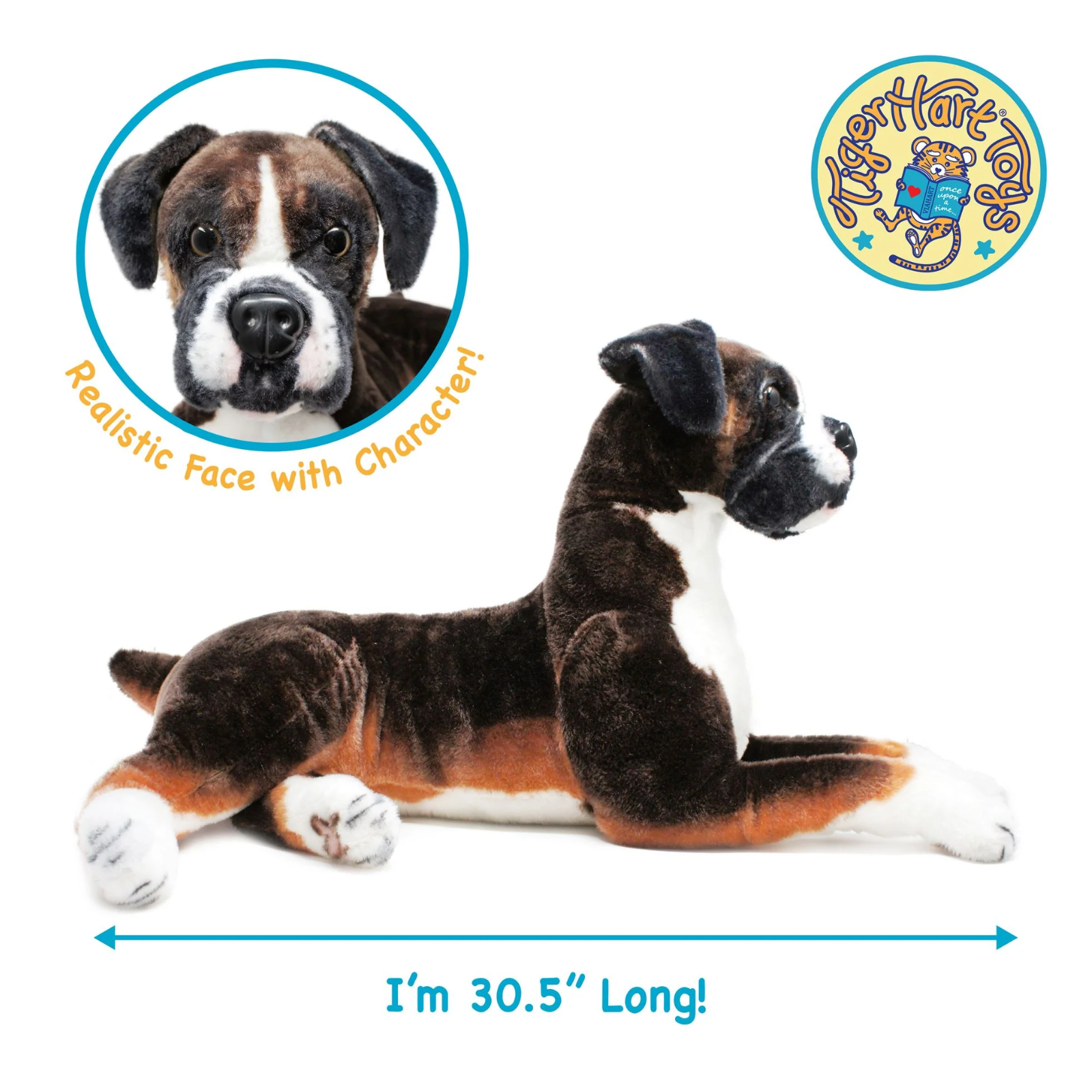A plush puppy toy shown lying down on a white background, with a blue measurement arrow indicating it is 30.5 inches long.