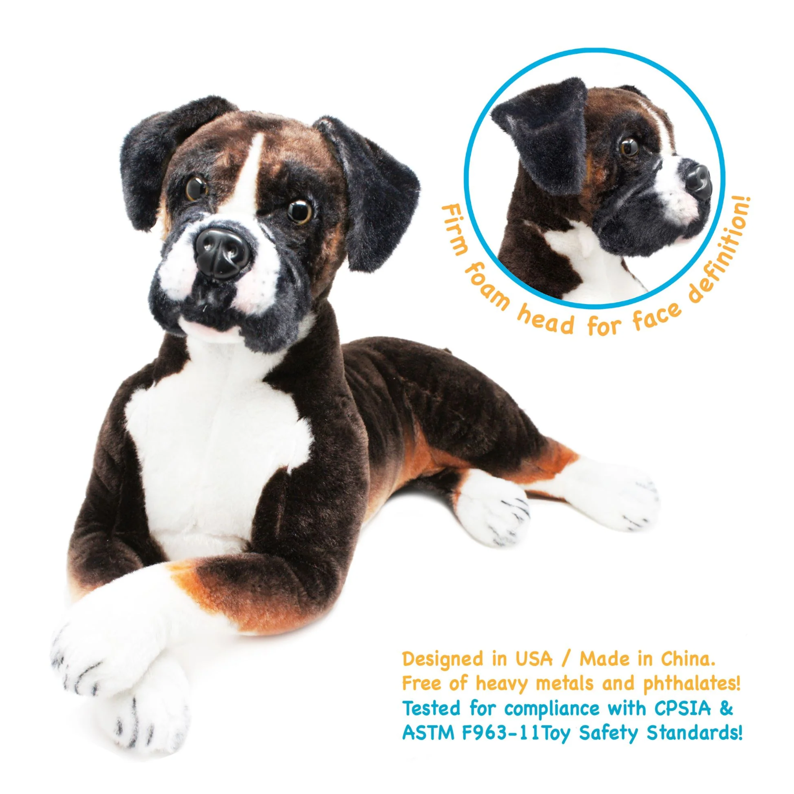 Boxer plush dog toy lying down on a white background, with a circular inset showing the foam head detail and text noting safety standards and USA/made-in-China claims.