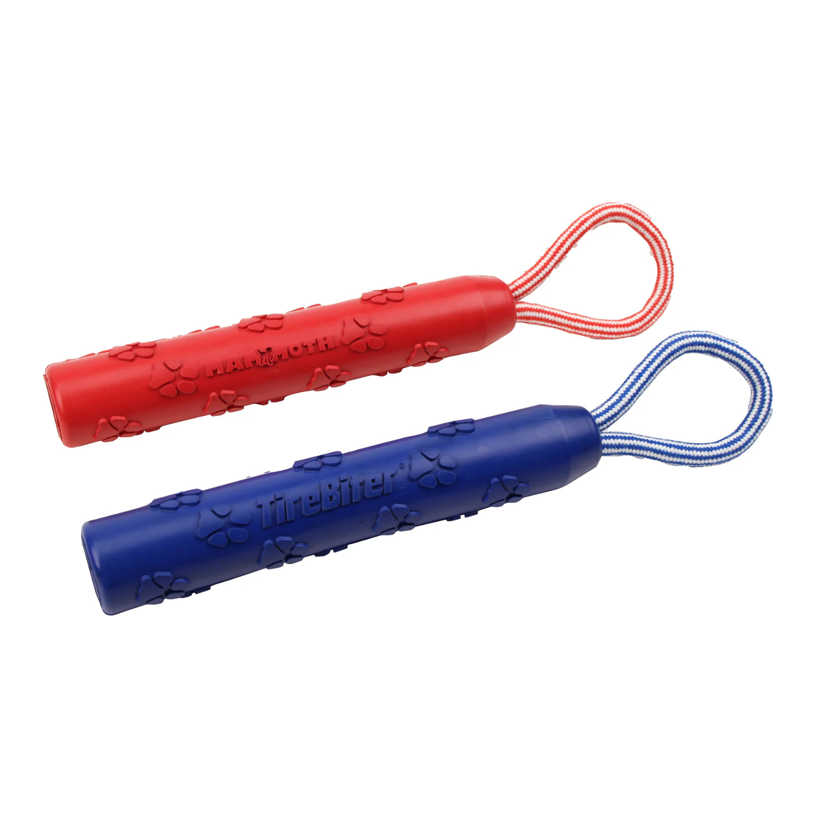Two rubber dog chew toys on a white background, one red with a red loop and one blue with a blue loop. Both have paw print embossing and the brand name 'Mammoth' and 'Tire Biter' is visible on the toys.